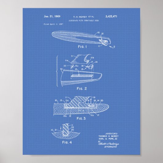 Surfboard 1969 Patent Art Blueprint Poster (Voorkant)