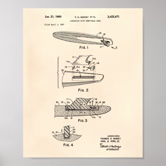 Surfboard 1969 Patent Art Old Peper Poster (Voorkant)