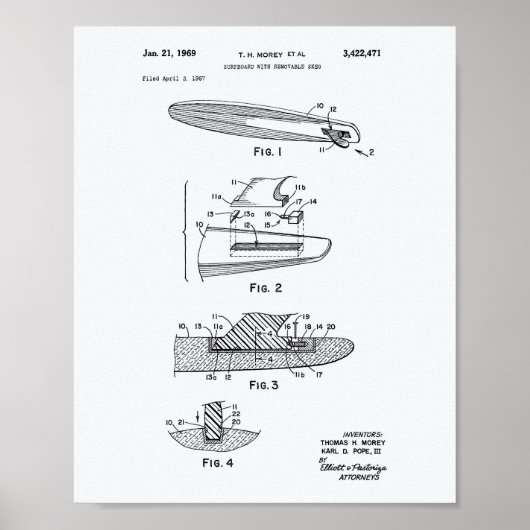 Surfboard 1969 Patent Art-witboek Poster (Voorkant)