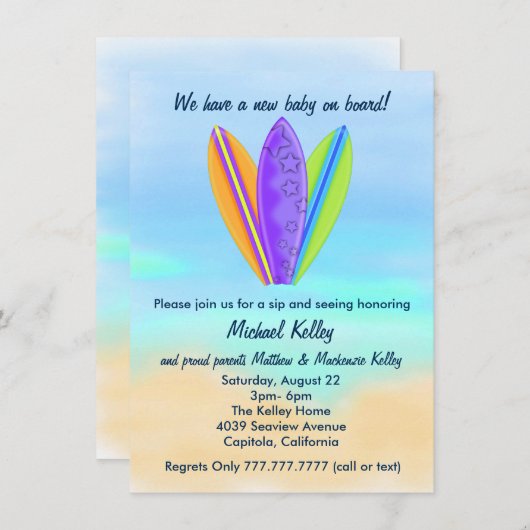 Surfboard Beach Baby Sip en zie douchefeest Kaart (Voorkant / Achterkant)