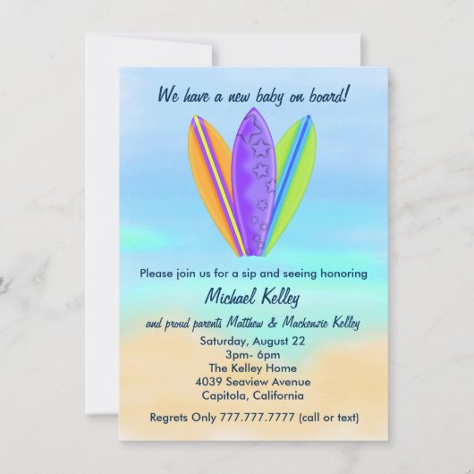 Surfboard Beach Baby Sip en zie douchefeest Kaart (Voorkant)