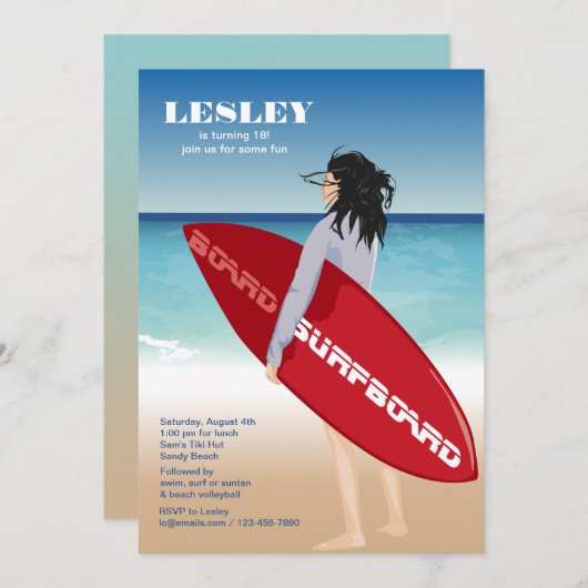Surfboard Chick Uitnodiging (Voorkant / Achterkant)
