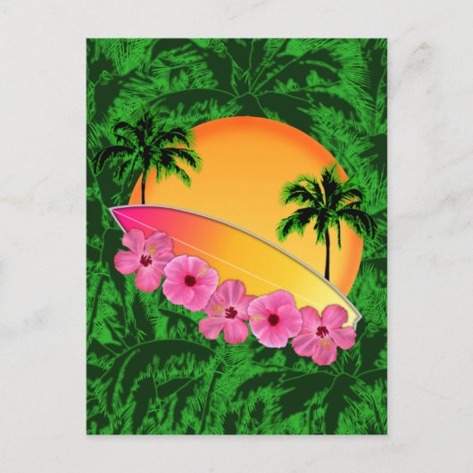 Surfboard en Hibiscus Flowers Briefkaart (Voorkant)