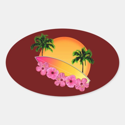 Surfboard en Hibiscus Flowers Ovale Sticker (Voorkant)