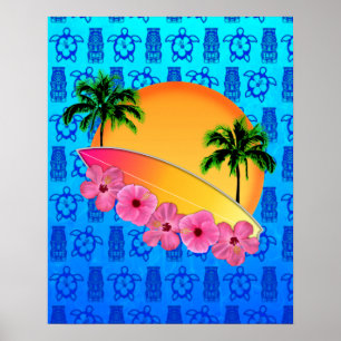 Surfboard en Hibiscus Flowers Poster