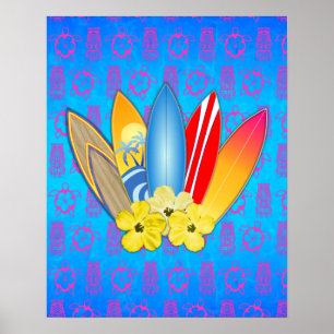 Surfboard en Hibiscus Flowers Poster