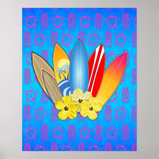 Surfboard en Hibiscus Flowers Poster (Voorkant)