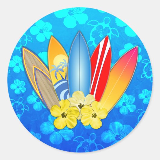 Surfboard en Hibiscus Flowers Ronde Sticker (Voorkant)