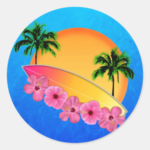 Surfboard en Hibiscus Flowers Ronde Sticker