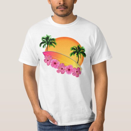 Surfboard en Hibiscus Flowers T-shirt (Voorkant)