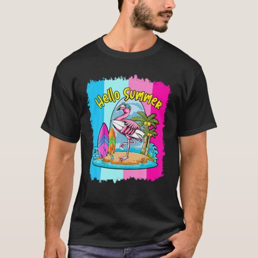 Surfboard Hallo Summer Flamingo Funny Beach Summer T-shirt (Voorkant)
