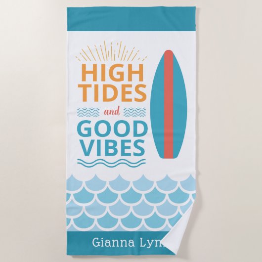 Surfboard High Tides Good Vibes Customizable Beach Strandlaken (Voorkant)