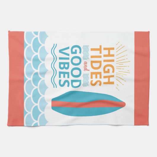 Surfboard High Tides Good Vibes Customizable Beach Theedoek (Horizontaal)