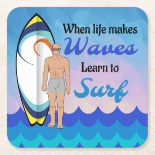 Surfboard Ocean Waves Blauw Motivatie Quote Kartonnen Onderzetters