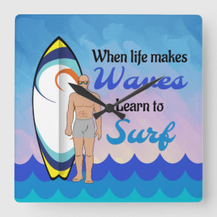 Surfboard Ocean Waves Blauw Motivatie Quote Vierkante Klok