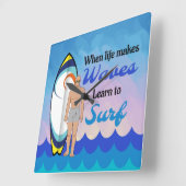 Surfboard Ocean Waves Blauw Motivatie Quote Vierkante Klok (Hoek)