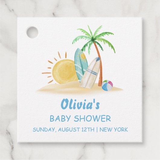 Surfboard Sunshine Beach Palm Tree Baby shower Bedankjes Labels (Voorkant)