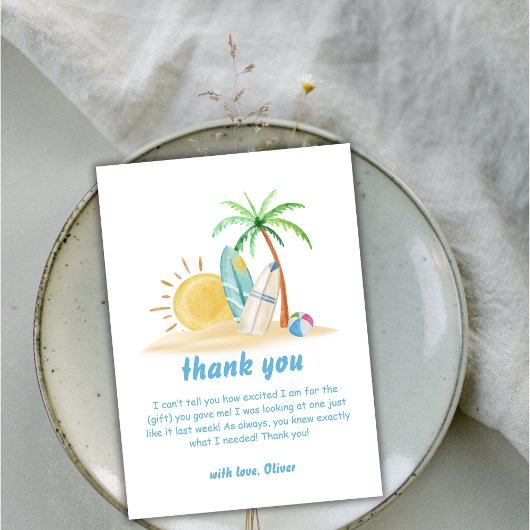 Surfboard Sunshine Beach Palm Tree Baby shower Bedankkaart