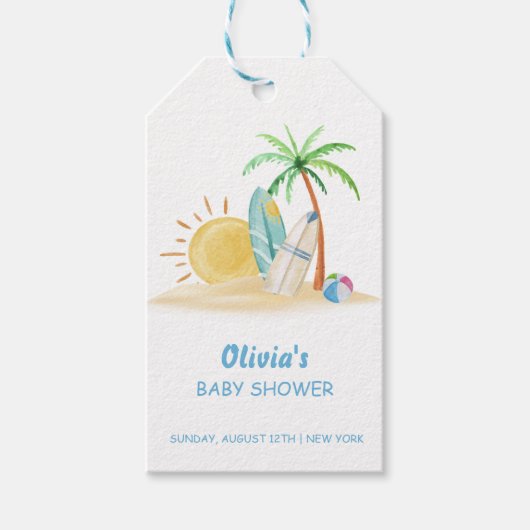 Surfboard Sunshine Beach Palm Tree Baby shower Cadeaulabel (Voorkant)