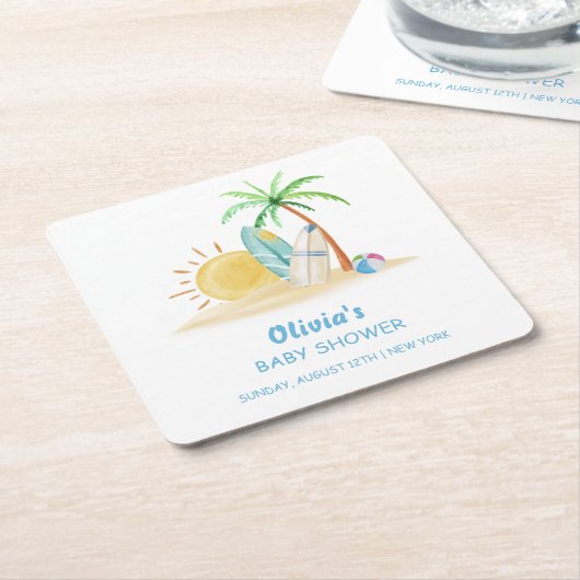 Surfboard Sunshine Beach Palm Tree Baby shower Kartonnen Onderzetters (Schuin)