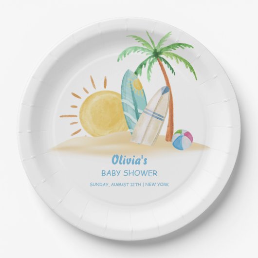 Surfboard Sunshine Beach Palm Tree Baby shower Papieren Bordje (Voorkant)