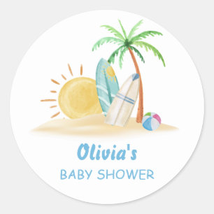 Surfboard Sunshine Beach Palm Tree Baby shower Ronde Sticker