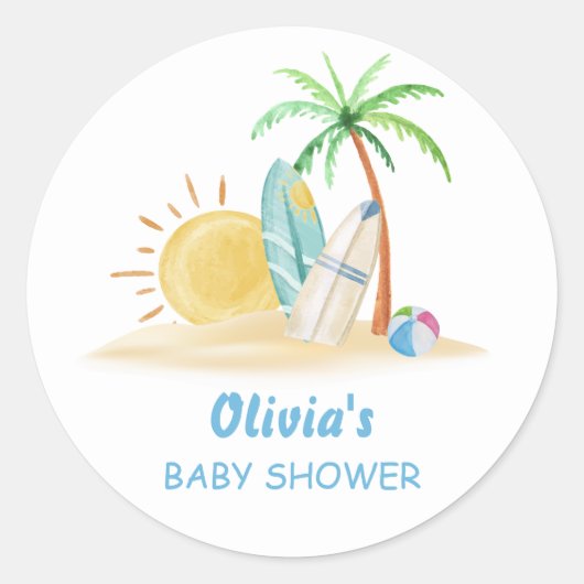 Surfboard Sunshine Beach Palm Tree Baby shower Ronde Sticker (Voorkant)