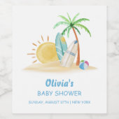 Surfboard Sunshine Beach Palm Tree Baby shower Wijn Etiket (Enkel label)