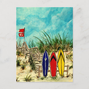 surfboard surf - rood - geel en blauw kunstwerk briefkaart