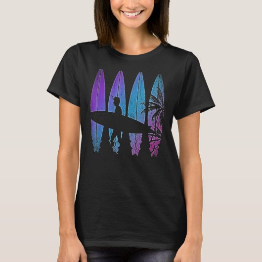 Surfboard Synthwave Surfer Vaporwave Palm Trees Su T-shirt (Voorkant)