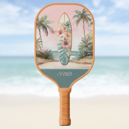 Surfboard Tropical Island Floral Teal Initials Pickleball Paddle