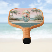 Surfboard Tropical Island Floral Teal Initials Pickleball Paddle