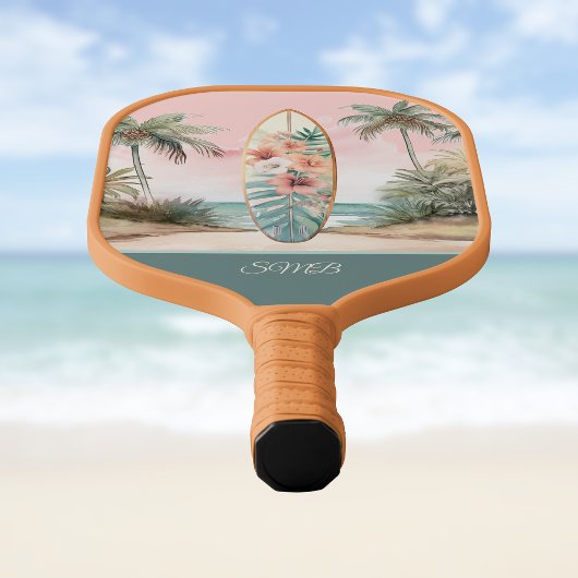 Surfboard Tropical Island Floral Teal Initials Pickleball Paddle