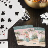 Surfboard Tropical Island Flower Palm Tree w Name Pokerkaarten