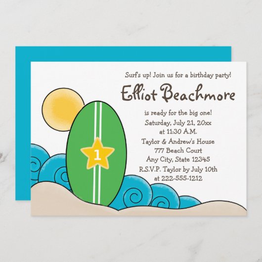 Surfboard verjaardagsfeestje voor kinderen (elke l kaart (Voorkant / Achterkant)