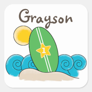 Surfboard Waves Eerste Verjaardagsfeest Favor Vierkante Sticker