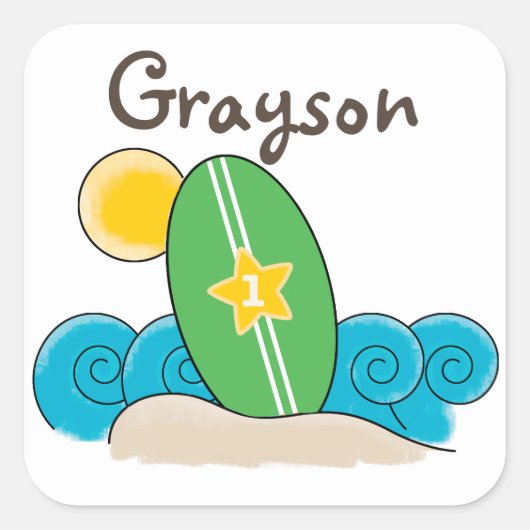 Surfboard Waves Eerste Verjaardagsfeest Favor Vierkante Sticker (Voorkant)