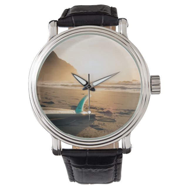 Surfboardhorloge. Zonsondergang, strand, zee Horloge (Voorkant)