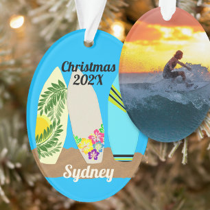 Surfboards Gepersonaliseerde Fotosjabloon Kerstmis Ornament