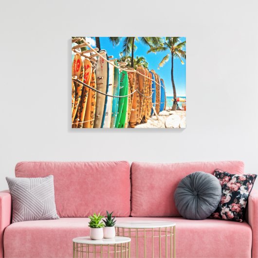 Surfboards in Waikiki Beach, Hawaii Canvas Afdruk (Insitu (Woonkamer))