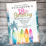 Surfboards Ocean Beach Women's 18th Birthday Kaart<br><div class="desc">Sparkly Ocean Surfboard Beach Uitnodigingen voor vrouwen voor de 18e verjaardag. U kunt de voorbeeldtekst eenvoudig in uw eigen tekst wijzigen door op Aanpassen te klikken. Klik op Aanpassen om het lettertype, de tekenkleur en de tekengrootte te wijzigen of om tekst of ontwerpelementen toe te voegen/te verwijderen/te wijzigen. Deze uitnodiging...</div>