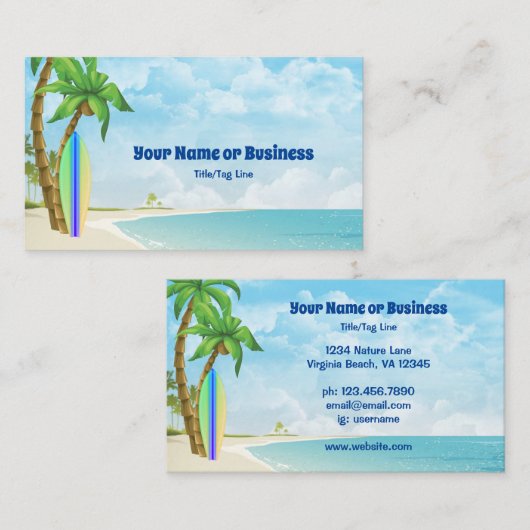 Surfbord en strand tropische surfen visitekaartje (Voorkant / Achterkant)