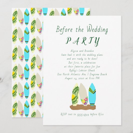 Surfbordontwerp voor huwelijksuitnodiging kaart (Voorkant / Achterkant)