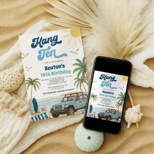 Surfen 10e verjaardag uitnodiging - Hang Ten