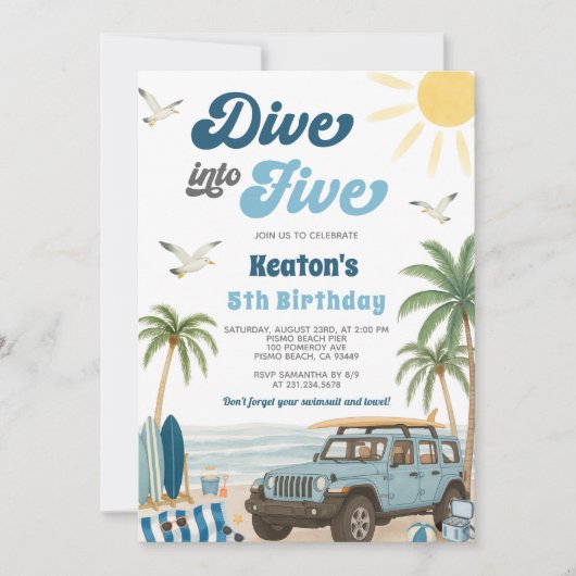 Surfen 5e verjaardag uitnodiging - Duik in vijf (Voorkant)
