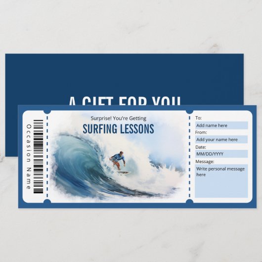 Surfen Cadeaubon Sjabloon voor Surven Lover Kaart (Voorkant / Achterkant)