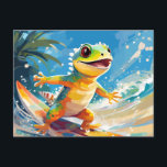 Surfen gekko rijden de golven briefkaart<br><div class="desc">Rijd op de golf van plezier en avontuur met dit levendige surfen gekko vector-stijl ontwerp. Dit funky stuk vangt de essentie van de gekko die de golven raakt en een pop van kleur en opwinding brengt.</div>
