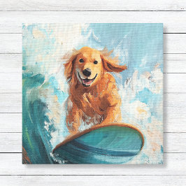 Surfen Golden Retriever Kust Kinder Kunst Canvas Afdruk
