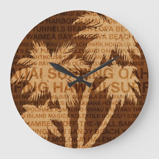 Surfen Hawaii Palm Trees Faux Wood Clock Grote Klok (Voorkant)