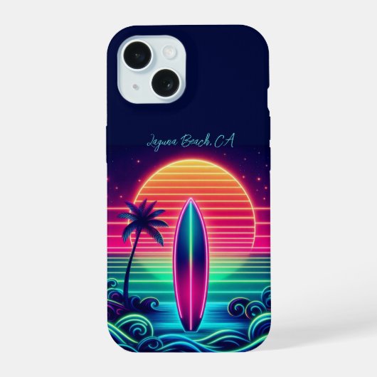 Surfen in de Neon Zonsondergang iPhone 15 Case (Achterkant)